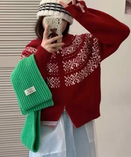 LADY LIKE（レディライク）の「ノルディック柄ダブルジップニットパーカー（ニット/セーター・レディース・レッド/オフホワイト/グレー/ネイビー・M）」の15枚目の写真