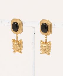 【mallelabrocante/マルラブロカント】サージカルステンレス　ヴィンテージカボションと真鍮ネコのピアス/金属アレルギー対応