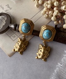 【mallelabrocante/マルラブロカント】サージカルステンレス　ヴィンテージカボションと真鍮ネコのピアス/金属アレルギー対応