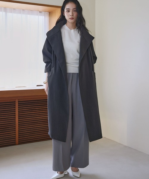 LOWO(ロワ)の「2WAY スタンドカラー トレンチコート ロング丈 アウター ロングコート(チェスターコート・レディース・グレー/ブラック/チャコールグレー・FREE)」の10枚目の写真