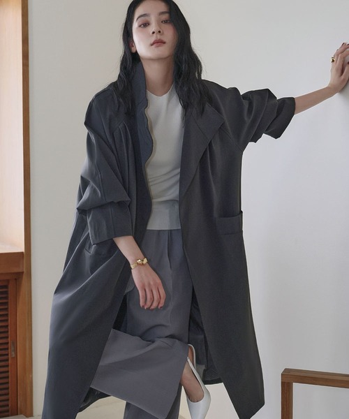 LOWO(ロワ)の「2WAY スタンドカラー トレンチコート ロング丈 アウター ロングコート(チェスターコート・レディース・グレー/ブラック/チャコールグレー・FREE)」の12枚目の写真