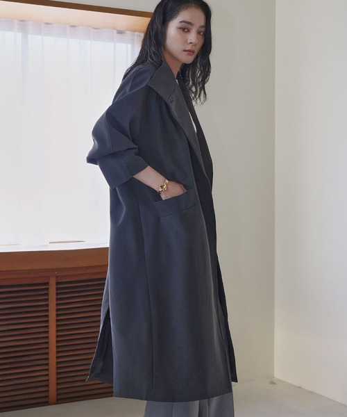 LOWO(ロワ)の「2WAY スタンドカラー トレンチコート ロング丈 アウター ロングコート(チェスターコート・レディース・グレー/ブラック/チャコールグレー・FREE)」の13枚目の写真