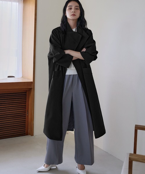 LOWO(ロワ)の「2WAY スタンドカラー トレンチコート ロング丈 アウター ロングコート(チェスターコート・レディース・グレー/ブラック/チャコールグレー・FREE)」の18枚目の写真