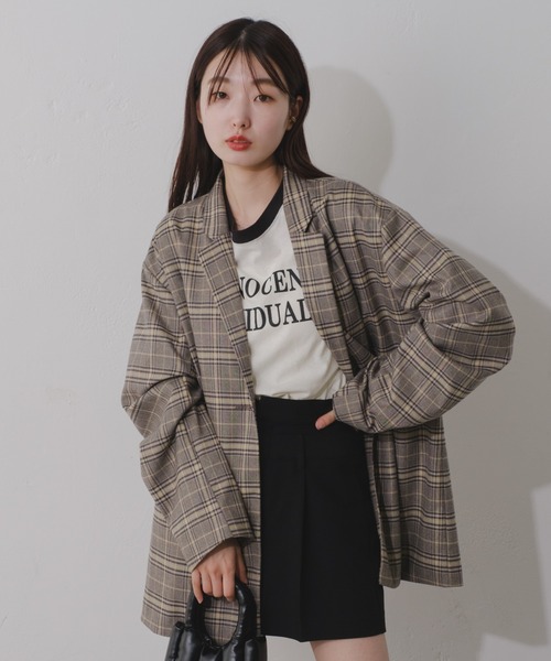 裏地あり/デザイン袖/チェック&無地】デザインオーバー