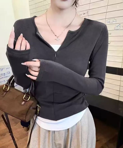 Lace Ladies（レースレディース）の「クルーネック ハーフジップ 長袖 カット プルオーバー（Tシャツ/カットソー・レディース・ブラック/ライトグレー/ホワイト/ダークグレー・FREE）」の4枚目の写真