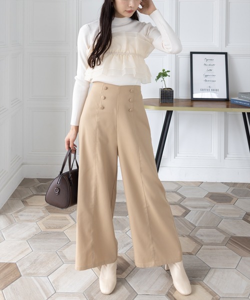 CLEAR BASIC（クリアベーシック）の「【低身長用サイズ有】クルミボタンハイウエストワイドパンツ[オフィスカジュアル 着回し抜群 大人]（その他パンツ・レディース・チャコールグレー/ベージュ/ブラウン・PF/F）」の12枚目の写真