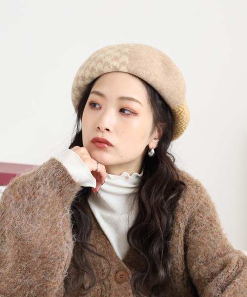 セール】パッチワーク風 縮絨ニットベレー（ハンチング/ベレー帽