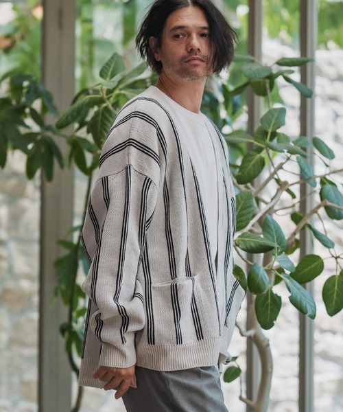 mcg3719 Stripe Jacquard Buttonless Knit Cardigan (A56625cmb) — безпуговичный жаккардовый вязаный кардиган в полоску