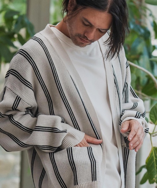 CAMBIO(カンビオ)の「mcg3719-Stripe Jacquard Buttonless Knit Cardigan ニットカーディガン(A56625cmb)(カーディガン/ボレロ・メンズ・ミックスグレー/キナリ/ネイビー/ブラック系その他・S/M/L)」の8枚目の写真