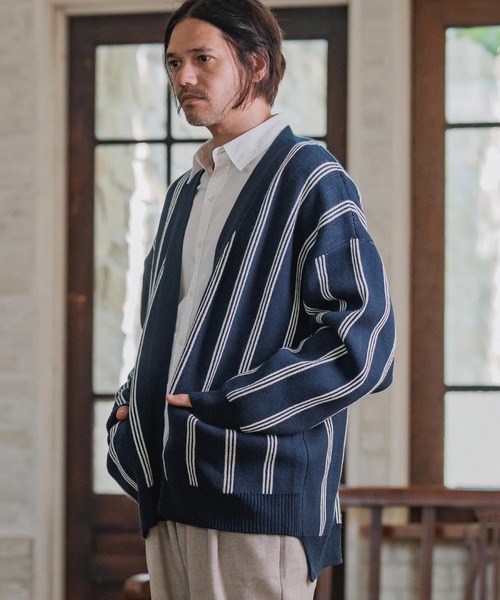 CAMBIO(カンビオ)の「mcg3719-Stripe Jacquard Buttonless Knit Cardigan ニットカーディガン(A56625cmb)(カーディガン/ボレロ・メンズ・ミックスグレー/キナリ/ネイビー/ブラック系その他・S/M/L)」の21枚目の写真