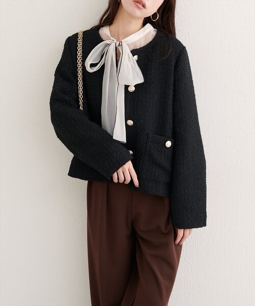MIXツイードノーカラージャケット（ノーカラージャケット）｜natural