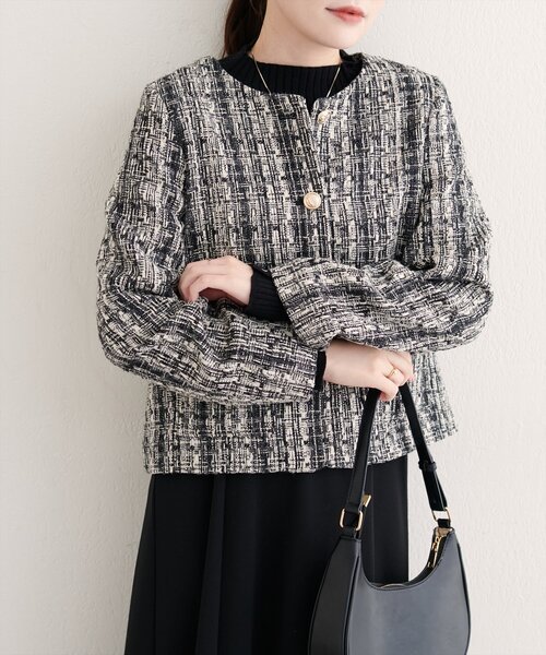 セール】MIXツイードノーカラージャケット（ノーカラー