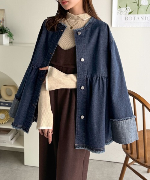 classicalelf（クラシカルエルフ）の「《daaco×クラシカルエルフコラボ》フリンジ×デニムの最強コンビ！綿100％ペプラムノーカラーデニムジャケット（デニムジャケット・レディース・ブルー/ブラック/インディゴブルー・SMALL/MEDIUM/X-LARGE/LARGE）」の17枚目の写真