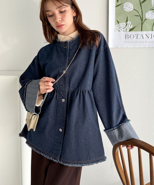 classicalelf（クラシカルエルフ）の「《daaco×クラシカルエルフコラボ》フリンジ×デニムの最強コンビ！綿100％ペプラムノーカラーデニムジャケット（デニムジャケット・レディース・ブルー/ブラック/インディゴブルー・SMALL/MEDIUM/X-LARGE/LARGE）」の18枚目の写真