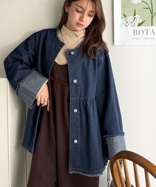 classicalelf（クラシカルエルフ）の「《daaco×クラシカルエルフコラボ》フリンジ×デニムの最強コンビ！綿100％ペプラムノーカラーデニムジャケット（デニムジャケット・レディース・ブルー/ブラック/インディゴブルー・SMALL/MEDIUM/X-LARGE/LARGE）」の19枚目の写真