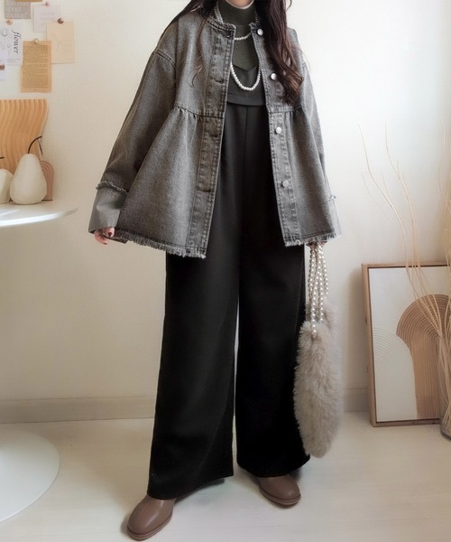 classicalelf（クラシカルエルフ）の「《daaco×クラシカルエルフコラボ》フリンジ×デニムの最強コンビ！綿100％ペプラムノーカラーデニムジャケット（デニムジャケット・レディース・ブルー/ブラック/インディゴブルー・SMALL/MEDIUM/X-LARGE/LARGE）」の6枚目の写真