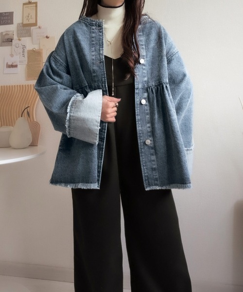 classicalelf（クラシカルエルフ）の「《daaco×クラシカルエルフコラボ》フリンジ×デニムの最強コンビ！綿100％ペプラムノーカラーデニムジャケット（デニムジャケット・レディース・ブルー/ブラック/インディゴブルー・SMALL/MEDIUM/X-LARGE/LARGE）」の11枚目の写真