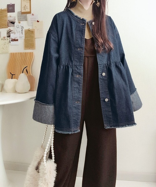 classicalelf（クラシカルエルフ）の「《daaco×クラシカルエルフコラボ》フリンジ×デニムの最強コンビ！綿100％ペプラムノーカラーデニムジャケット（デニムジャケット・レディース・ブルー/ブラック/インディゴブルー・SMALL/MEDIUM/X-LARGE/LARGE）」の9枚目の写真