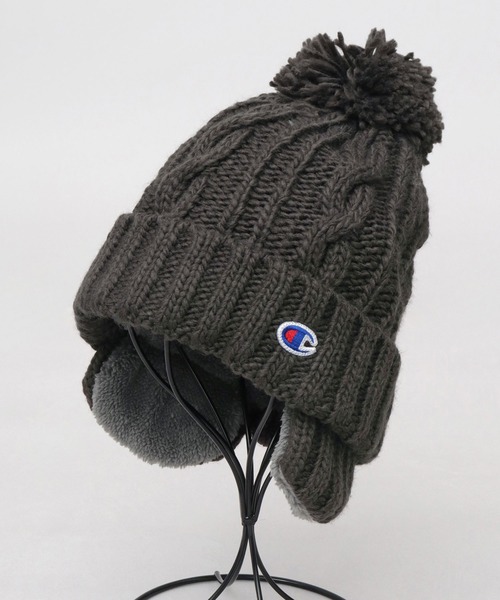 Champion（チャンピオン）の「裏ボア 耳当て付き ポンポン ニットキャップ ニット帽（ニットキャップ/ビーニー・メンズ・ブラック/アイボリー/チャコール・FREE）」の6枚目の写真