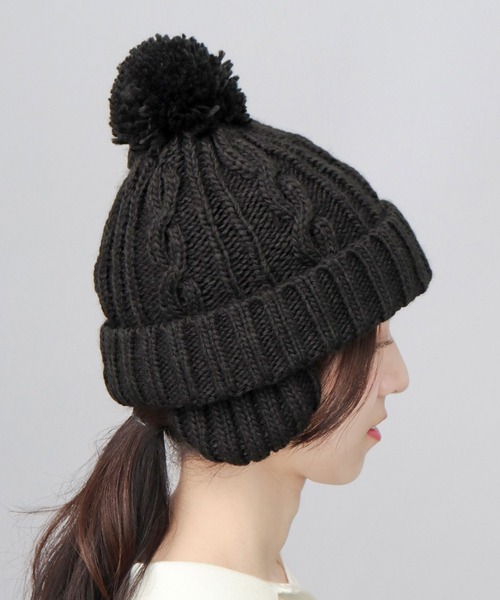 裏ボア 耳当て付き ポンポン ニットキャップ ニット帽（ニットキャップ