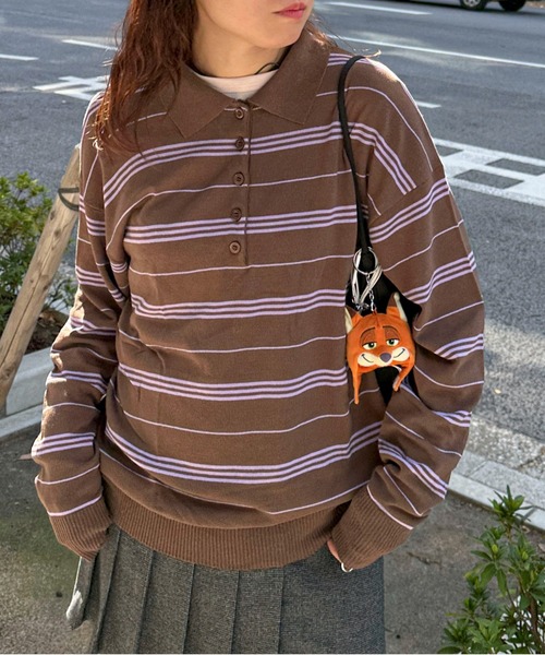 PILIT（ピリット）の「ボーダーポロ ビッグニット（ニット/セーター・メンズ・ブラウン/グレー/アイボリー・MEDIUM）」の3枚目の写真