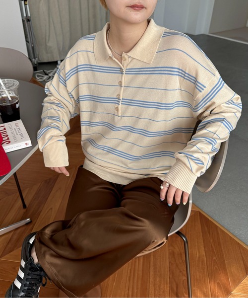 PILIT（ピリット）の「ボーダーポロ ビッグニット（ニット/セーター・メンズ・ブラウン/グレー/アイボリー・MEDIUM）」の18枚目の写真