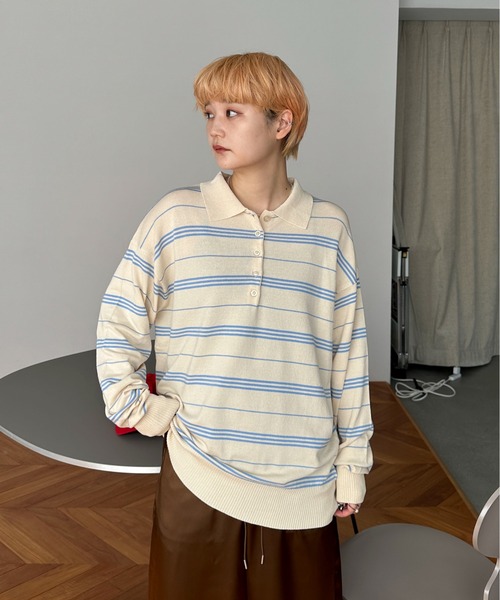 PILIT（ピリット）の「ボーダーポロ ビッグニット（ニット/セーター・メンズ・ブラウン/グレー/アイボリー・MEDIUM）」の19枚目の写真