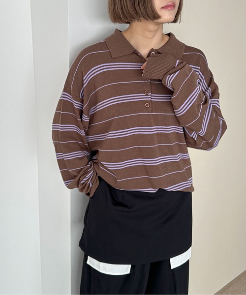 PILIT（ピリット）の「ボーダーポロ ビッグニット（ニット/セーター・メンズ・ブラウン/グレー/アイボリー・MEDIUM）」の8枚目の写真