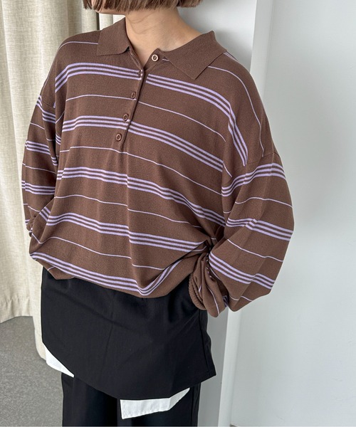 PILIT（ピリット）の「ボーダーポロ ビッグニット（ニット/セーター・メンズ・ブラウン/グレー/アイボリー・MEDIUM）」の10枚目の写真