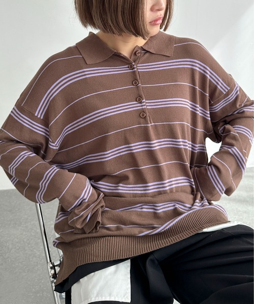 PILIT（ピリット）の「ボーダーポロ ビッグニット（ニット/セーター・メンズ・ブラウン/グレー/アイボリー・MEDIUM）」の11枚目の写真