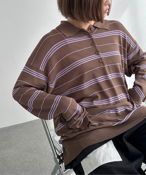 PILIT（ピリット）の「ボーダーポロ ビッグニット（ニット/セーター・メンズ・ブラウン/グレー/アイボリー・MEDIUM）」の12枚目の写真