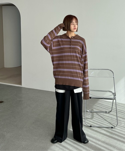 PILIT（ピリット）の「ボーダーポロ ビッグニット（ニット/セーター・メンズ・ブラウン/グレー/アイボリー・MEDIUM）」の13枚目の写真