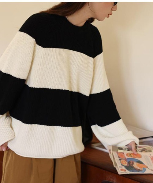 shoppinggo(ショッピングゴー)の「ニットセーター ボーダー柄 シンプル レディース ニット ゆったり ニットソー ボーダー柄(ニット/セーター・レディース・ブラック・FREE)」の15枚目の写真