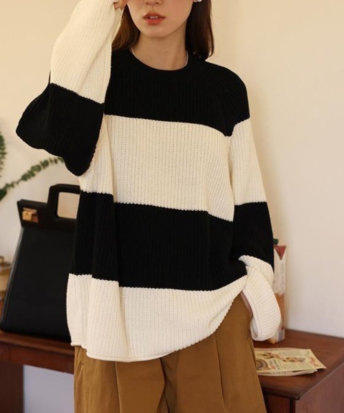 shoppinggo(ショッピングゴー)の「ニットセーター ボーダー柄 シンプル レディース ニット ゆったり ニットソー ボーダー柄(ニット/セーター・レディース・ブラック・FREE)」の2枚目の写真