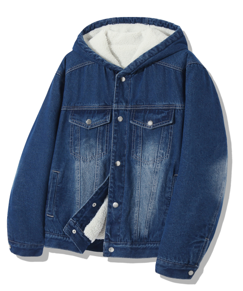 ウォッシュドトラッカーフリースデニムフードジャケット[ブルー]