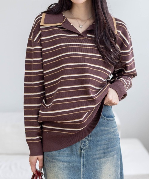 clear（クリア）の「レイヤード襟付きボーダーニットトップス［大人 カジュアル 着回し力抜群］≪AW新作≫（ニット/セーター・レディース・ブラウン/アイボリー/グレー・F）」の3枚目の写真