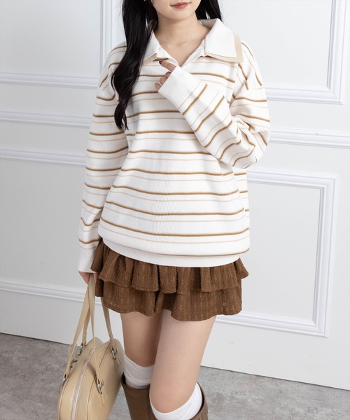 clear（クリア）の「レイヤード襟付きボーダーニットトップス［大人 カジュアル 着回し力抜群］≪AW新作≫（ニット/セーター・レディース・ブラウン/アイボリー/グレー・F）」の19枚目の写真