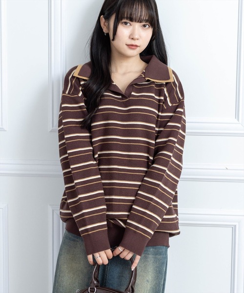 clear（クリア）の「レイヤード襟付きボーダーニットトップス［大人 カジュアル 着回し力抜群］≪AW新作≫（ニット/セーター・レディース・ブラウン/アイボリー/グレー・F）」の18枚目の写真