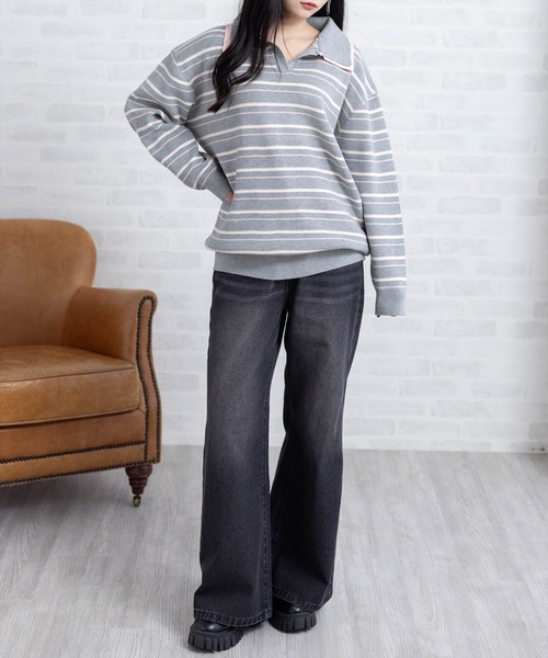 clear（クリア）の「レイヤード襟付きボーダーニットトップス［大人 カジュアル 着回し力抜群］≪AW新作≫（ニット/セーター・レディース・ブラウン/アイボリー/グレー・F）」の21枚目の写真