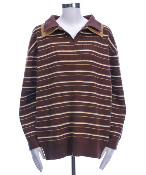 clear（クリア）の「レイヤード襟付きボーダーニットトップス［大人 カジュアル 着回し力抜群］≪AW新作≫（ニット/セーター・レディース・ブラウン/アイボリー/グレー・F）」の9枚目の写真