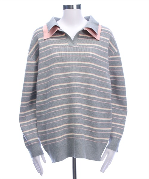 clear（クリア）の「レイヤード襟付きボーダーニットトップス［大人 カジュアル 着回し力抜群］≪AW新作≫（ニット/セーター・レディース・ブラウン/アイボリー/グレー・F）」の4枚目の写真