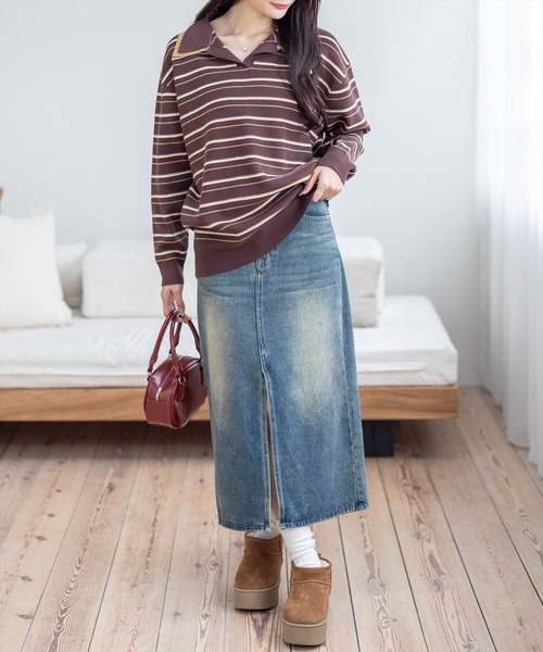 clear（クリア）の「レイヤード襟付きボーダーニットトップス［大人 カジュアル 着回し力抜群］≪AW新作≫（ニット/セーター・レディース・ブラウン/アイボリー/グレー・F）」の22枚目の写真