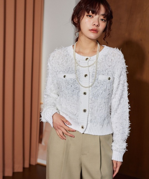 mysty woman(ミスティウーマン)の「チュールヤーンツイードジャケットカーデ 636343(カーディガン/ボレロ・レディース・オフホワイト/ブラック/グレイッシュベージュ・FREE)」の1枚目の写真