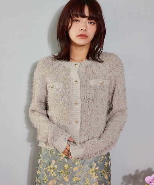 mysty woman(ミスティウーマン)の「チュールヤーンツイードジャケットカーデ 636343(カーディガン/ボレロ・レディース・オフホワイト/ブラック/グレイッシュベージュ・FREE)」の3枚目の写真