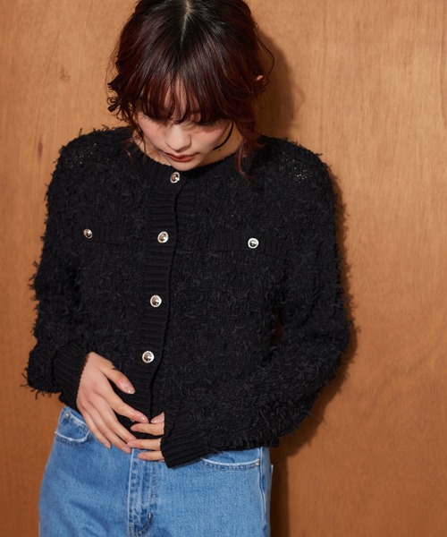 mysty woman(ミスティウーマン)の「チュールヤーンツイードジャケットカーデ 636343(カーディガン/ボレロ・レディース・オフホワイト/ブラック/グレイッシュベージュ・FREE)」の2枚目の写真