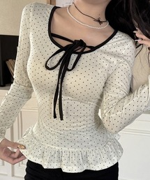 Mejoul | 【2026春夏新作】フロントリボン裾フリルドットロンＴ(Tシャツ/カットソー)