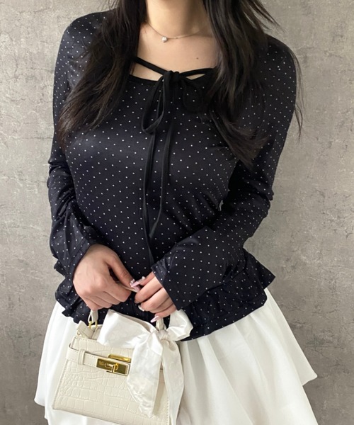 Mejoul(メジュール)の「【2026春夏新作】フロントリボン裾フリルドットロンT(Tシャツ/カットソー・レディース・ブラック/ホワイト・F)」の14枚目の写真