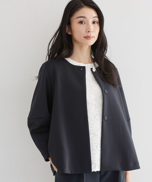 THE SHOP TK (ザ ショップ ティーケー )の「【通勤・セレモニー】ノーカラーダンボールジャケット(ノーカラージャケット・レディース・アイボリー/ネイビー・12/13)」の2枚目の写真