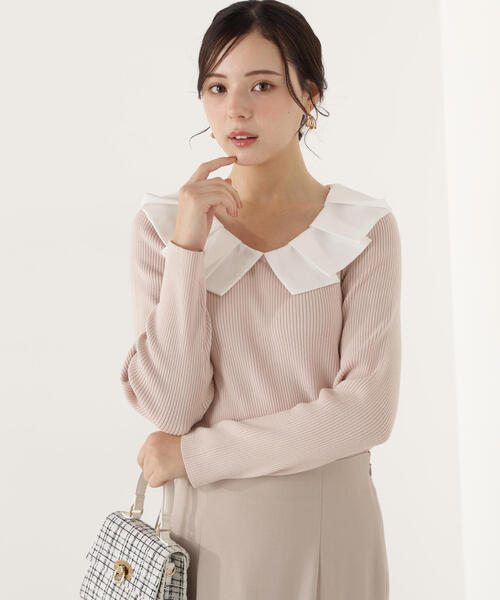 PROPORTION BODY DRESSING(プロポーションボディドレッシング)の「ラッフルカラーニットトップス / 1216170100(ニット/セーター・レディース・ピンク/ブラック/グレー・FREE)」の1枚目の写真