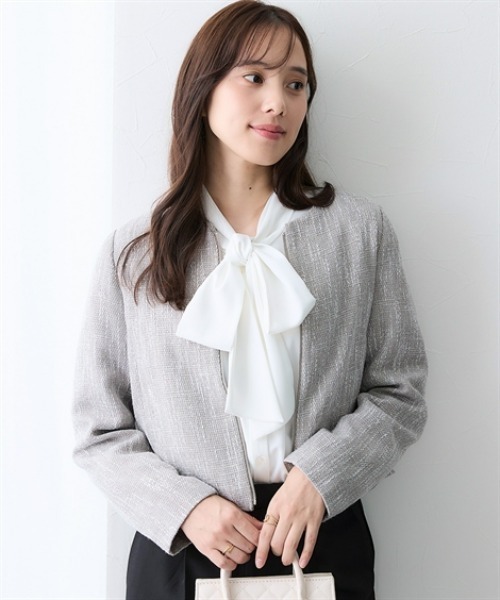 7days Life Styling（セブンデイズライフスタイリング）の「ノーカラーツイードジャケット（カバーオール・レディース・アイボリー/グレー・3L/LL/L/M）」の2枚目の写真